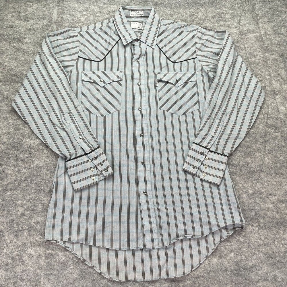 Levi's Western Snap Shirt Long Sleeve Gray Blue Striped Men M Polyester Pockets